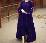 Three-Piece Floral Embroidered Gown Featuring Lace Sleeves and Neckline