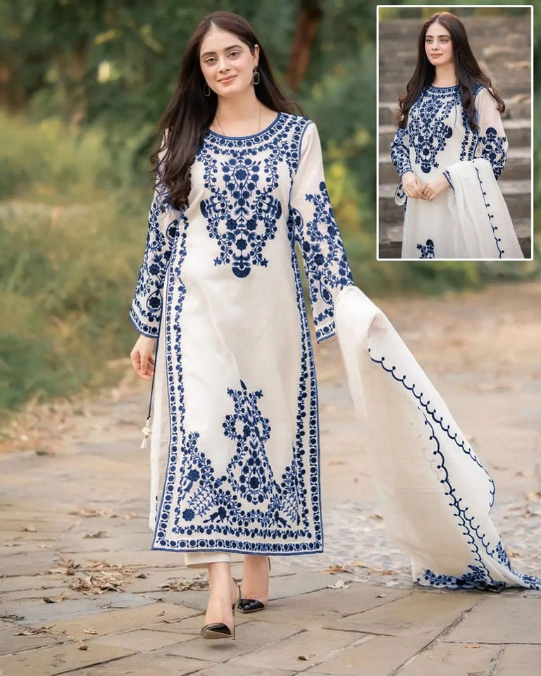 Front Heavy Embroidery Shirt with Frill-Style Embroidered Dupatta 3-Piece Set