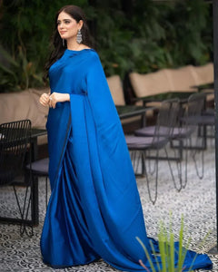 Stiched Blue Silk Sleeveless Saree