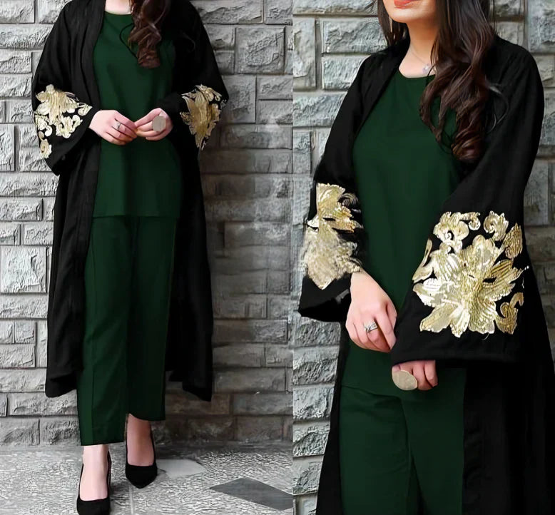 Stylish 3-Piece Embroidered Gown Set with Varied Inner Trouser Shades