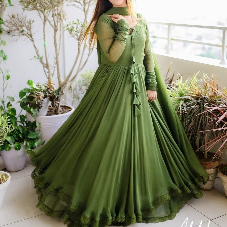 Beautiful two layers dress Two Layers Border Front Back Lace Work Long Flare Maxi With dupatta 3pcs