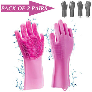 2 Pairs Kitchen Magic Silicone Dishwashing Gloves with Cleaning Scrub Sponges Dual Set for Efficient Scrubbing