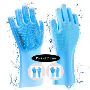 2 Pairs Kitchen Magic Silicone Dishwashing Gloves with Cleaning Scrub Sponges Dual Set for Efficient Scrubbing