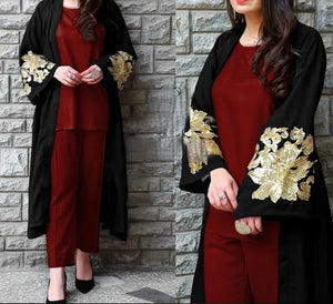 Stylish 3-Piece Embroidered Gown Set with Varied Inner Trouser Shades