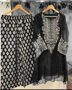 Three-Piece Set: Hand-Embroidered Shirt with Printed Trouser and Dupatta