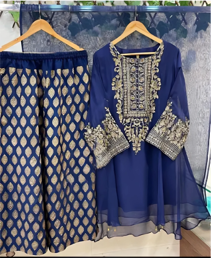 Three-Piece Set: Hand-Embroidered Shirt with Printed Trouser and Dupatta