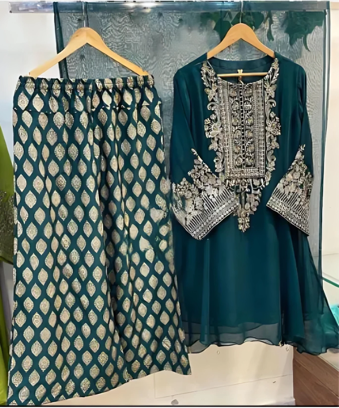 Three-Piece Set: Hand-Embroidered Shirt with Printed Trouser and Dupatta