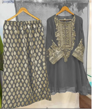 Three-Piece Set: Hand-Embroidered Shirt with Printed Trouser and Dupatta