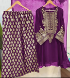 Three-Piece Set: Hand-Embroidered Shirt with Printed Trouser and Dupatta