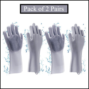 2 Pairs Kitchen Magic Silicone Dishwashing Gloves with Cleaning Scrub Sponges Dual Set for Efficient Scrubbing