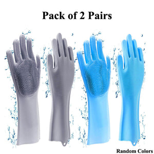 2 Pairs Kitchen Magic Silicone Dishwashing Gloves with Cleaning Scrub Sponges Dual Set for Efficient Scrubbing